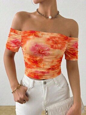 Orange Casual Women's Off-Shoulder Ruched Floral Print Beach T-Shirt